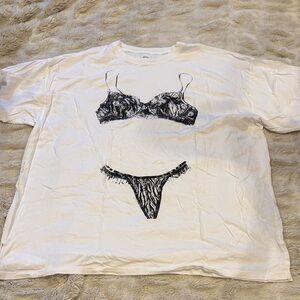 aerie White Tee with Black Lingerie Graphic Print